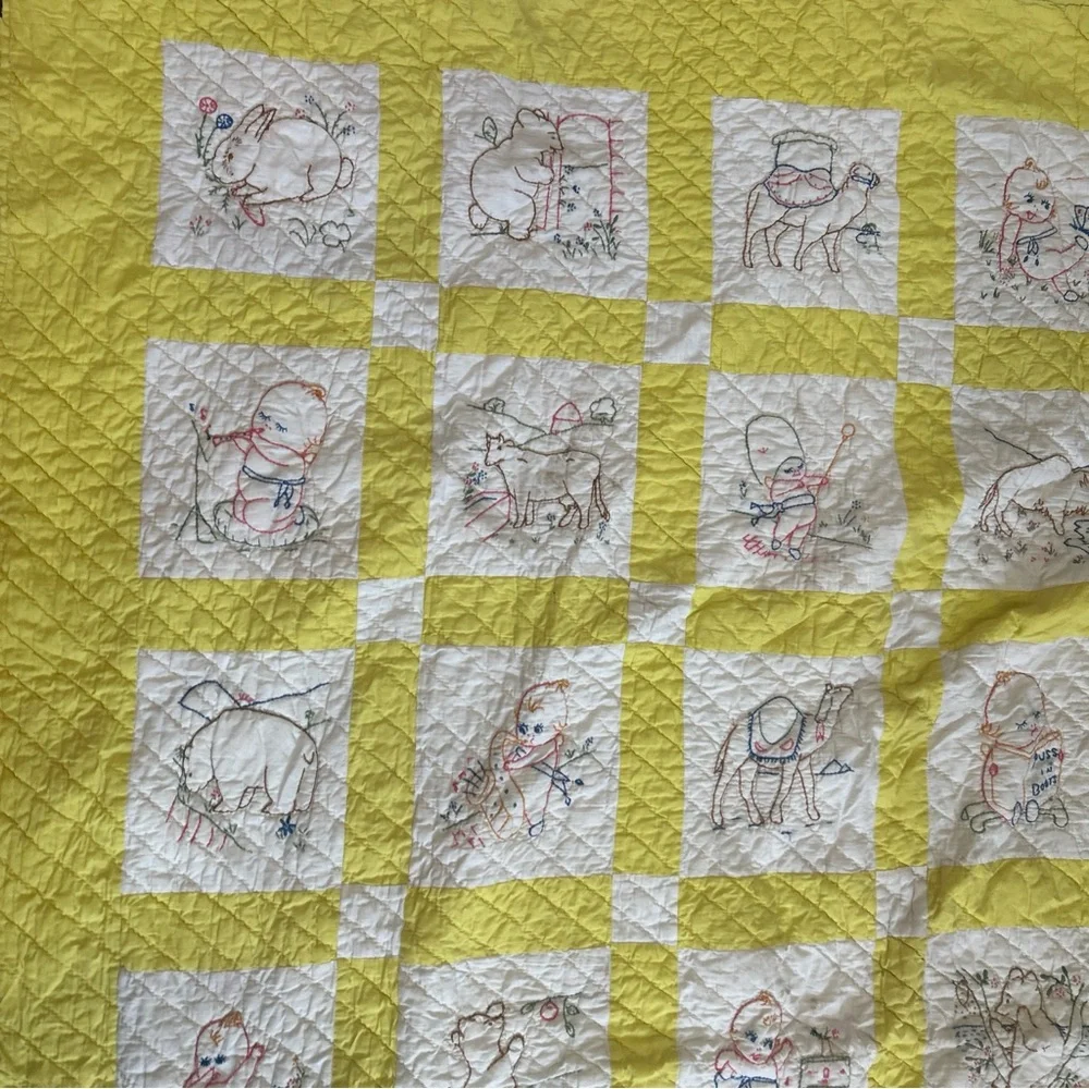 Vintage Handmade quilt Baby Blanket Embroidered Animals Yellow 64x78